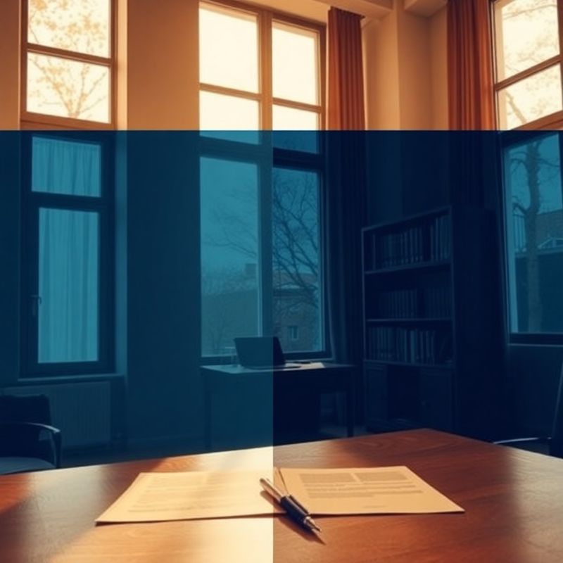 Interior de birou juridic în tonuri de albastru-cerneală și alb cald, cu lumină naturală